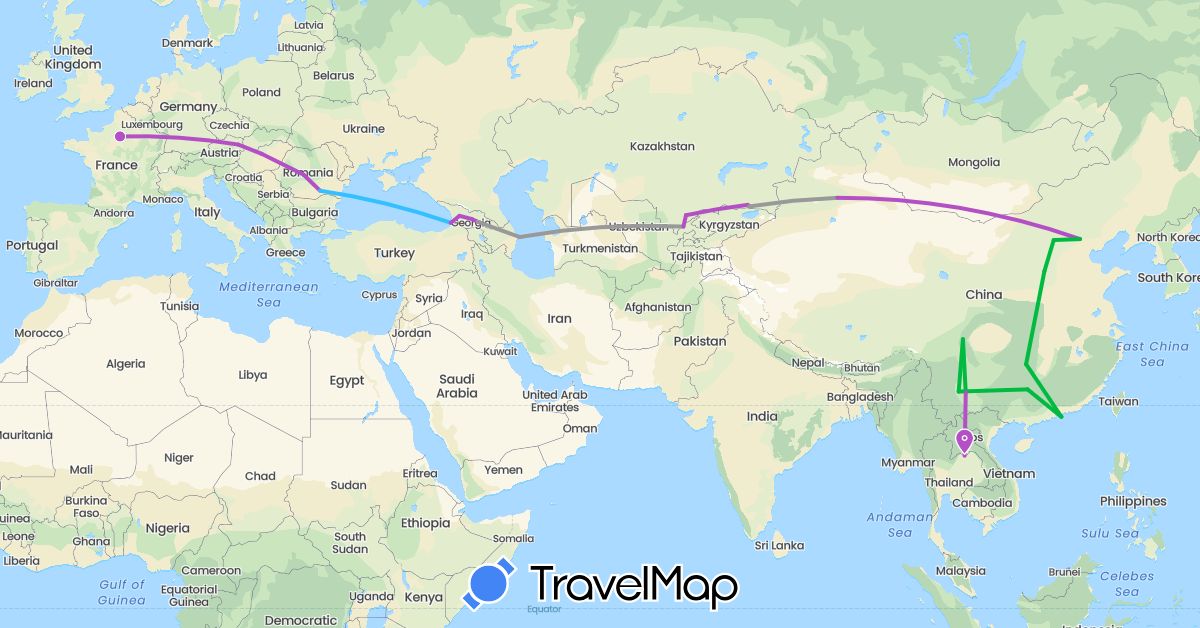TravelMap itinerary: driving, bus, plane, train, boat in Austria, Azerbaijan, China, France, Georgia, Hungary, Kazakhstan, Laos, Romania, Uzbekistan (Asia, Europe)
